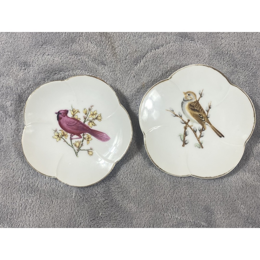 2 Vintage Scalloped Plates Birds Gold Rims Hand Painted In Japan Trinket Dishes‎